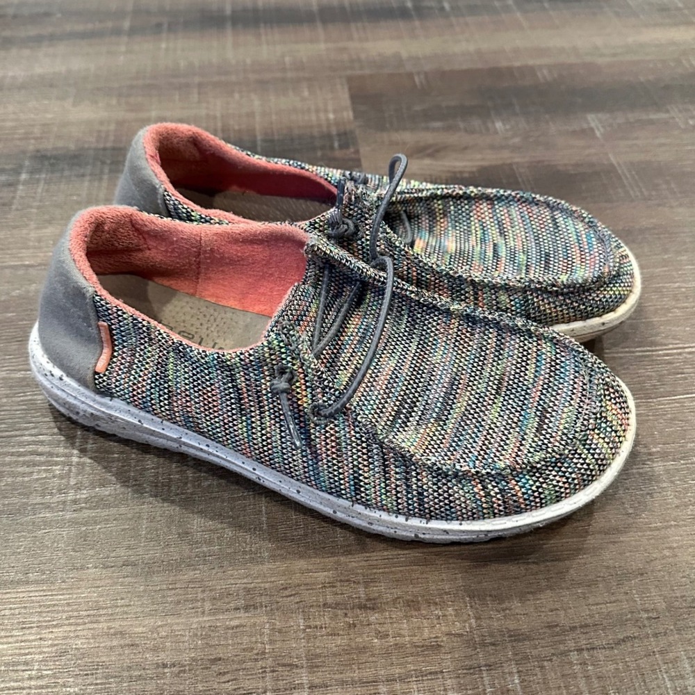Hey Dude Wendy Sox Peacock Pink Multi Color Knit Slip On Loafers Womens Size 6